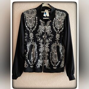 Society Girl Black and White Embroidered Bomber Jacket Large